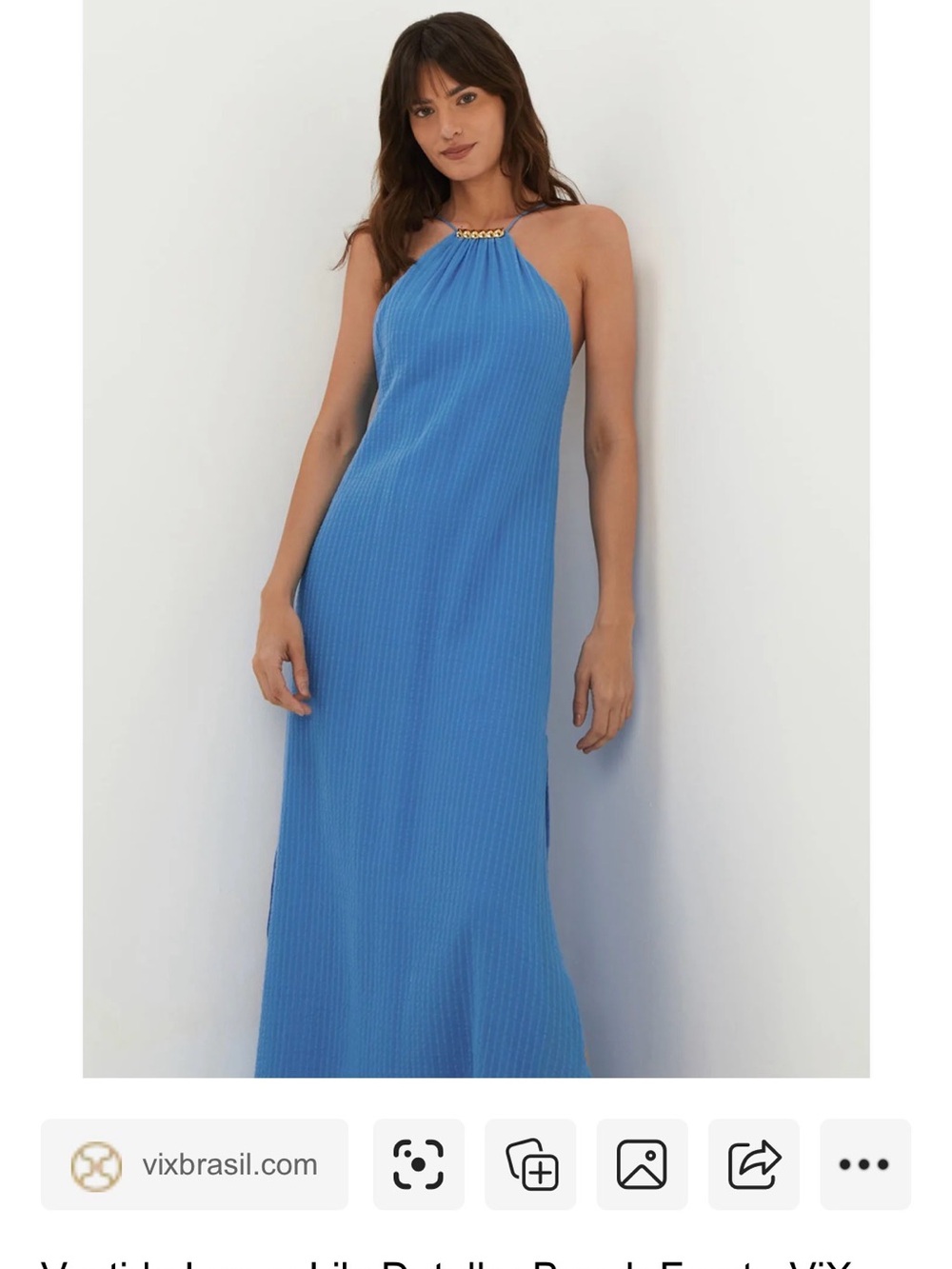 Vix Paula Hermanny Lily Halter Ribbed Maxi Dress in Blue with Gold Neck Accents